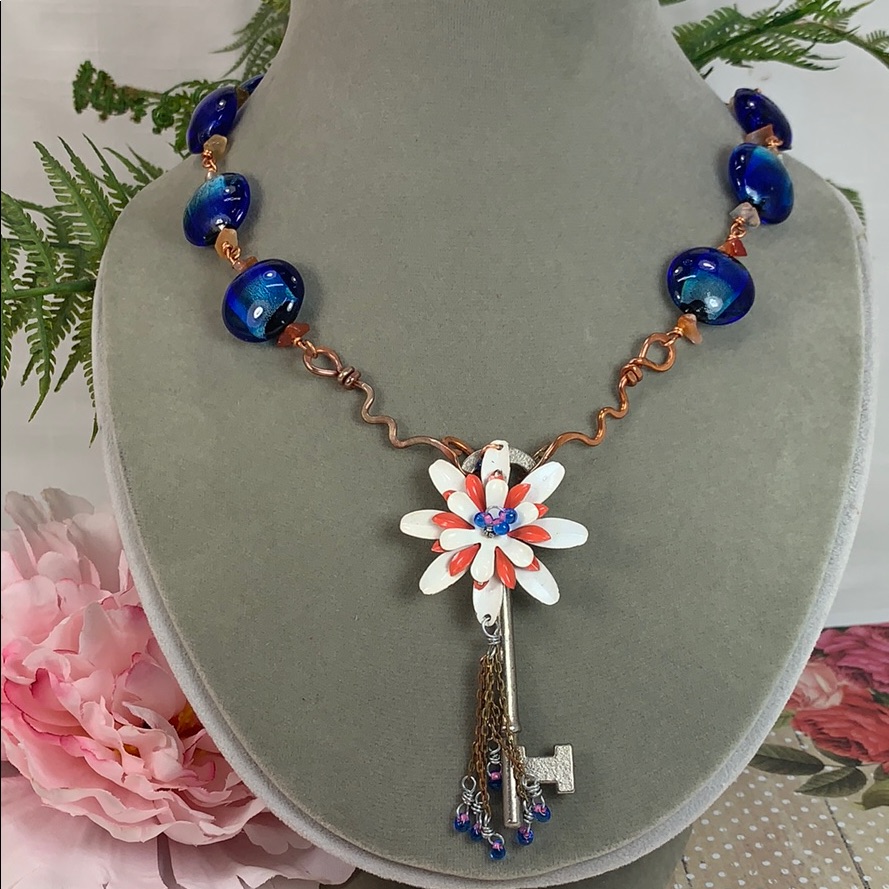 Adorned Crown Artisan Assemblage Skeleton Key Enamel Flower Bead Necklace